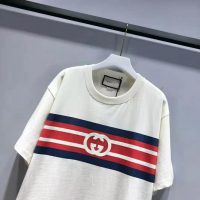 Gucci Men Interlocking G Stripe Print T-Shirt Cotton Jersey Crewneck Oversize Fit-White