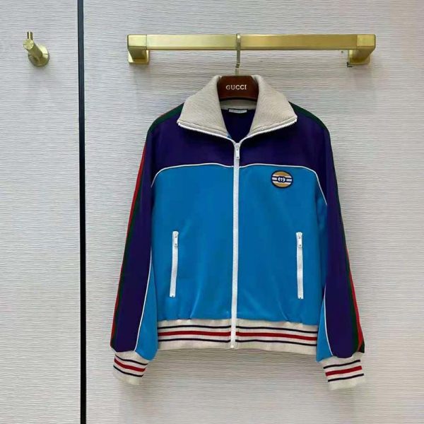 Gucci Men Technical Jersey Zip-Up Jacket with Web Interlocking G-Blue (2)