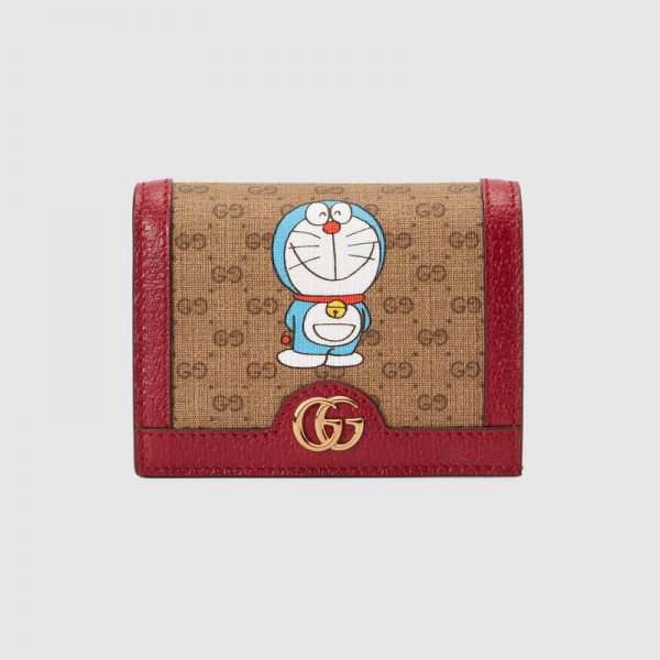 Gucci Unisex Doraemon x Gucci Card Case Beige/Ebony Mini GG Supreme Canvas