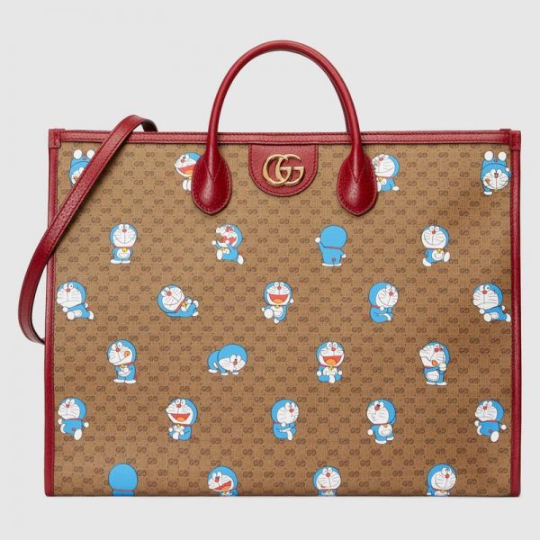 Gucci Unisex Doraemon x Gucci Large Tote Bag Beige/Ebony Mini GG Supreme Canvas