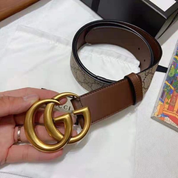 Gucci Unisex GG Belt with Double G Buckle 4 cm Width GG Supreme Brown Leather (1)