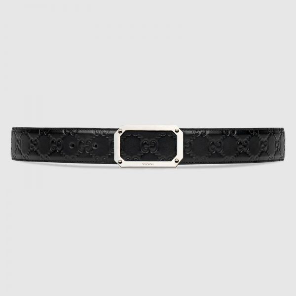 Gucci Unisex Gucci Signature Leather Belt Rectangular Buckle 4 cm Width-Black