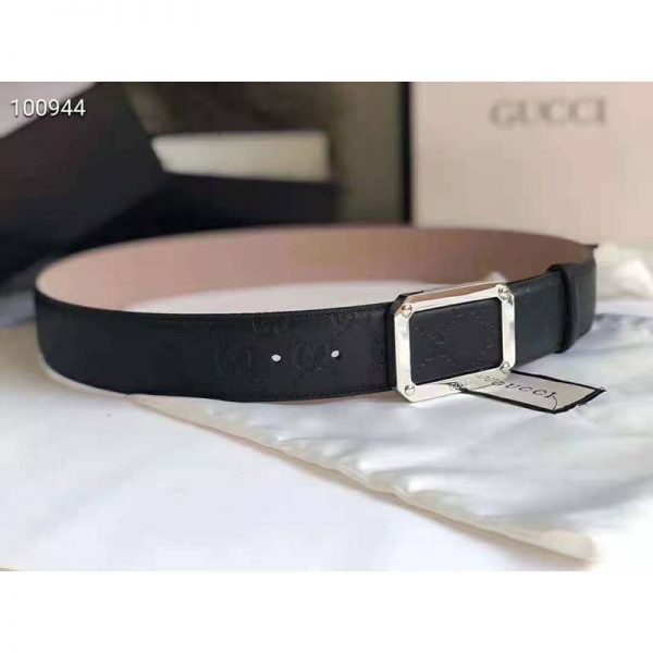 Gucci Unisex Gucci Signature Leather Belt Rectangular Buckle 4 cm Width-Black (2)