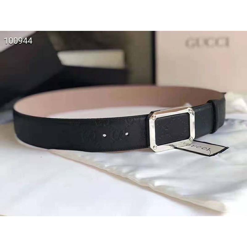 Gucci Unisex Gucci Signature Leather Belt Rectangular Buckle 4 cm Width ...