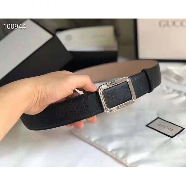 Gucci Unisex Gucci Signature Leather Belt Rectangular Buckle 4 cm Width-Black (3)