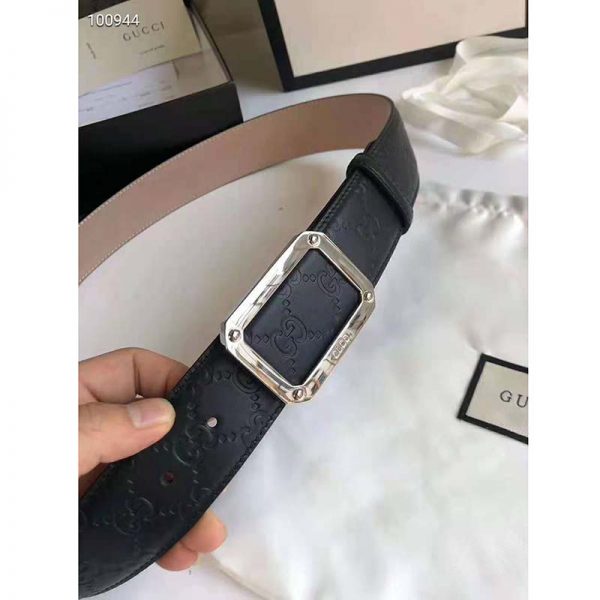 Gucci Unisex Gucci Signature Leather Belt Rectangular Buckle 4 cm Width-Black (4)