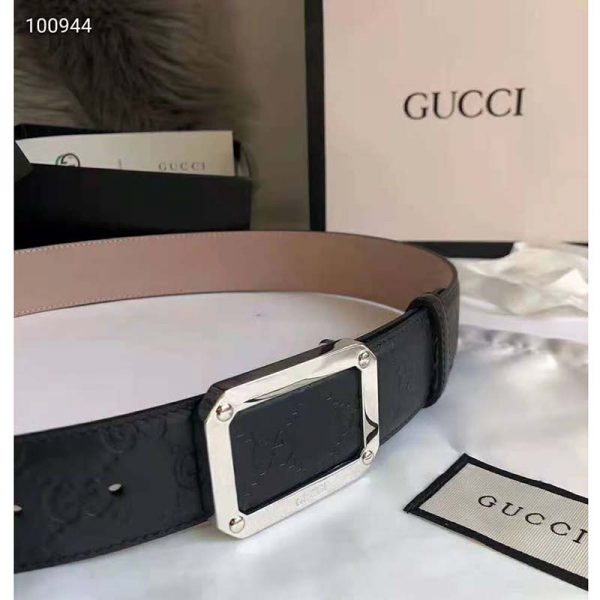 Gucci Unisex Gucci Signature Leather Belt Rectangular Buckle 4 cm Width-Black (5)