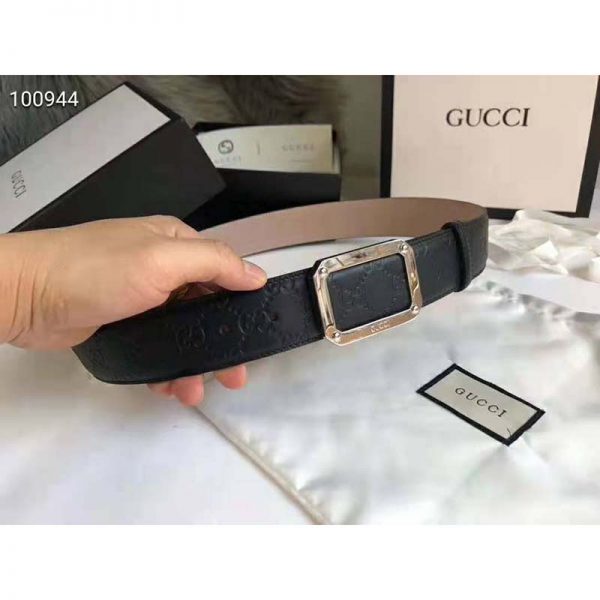 Gucci Unisex Gucci Signature Leather Belt Rectangular Buckle 4 cm Width-Black (7)