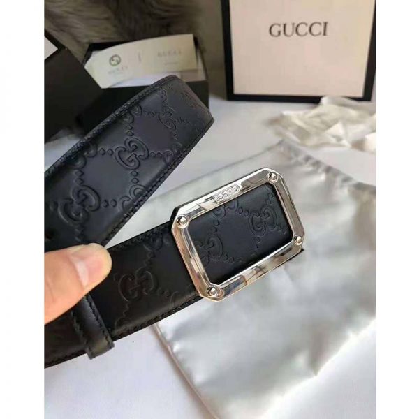 Gucci Unisex Gucci Signature Leather Belt Rectangular Buckle 4 cm Width-Black (8)