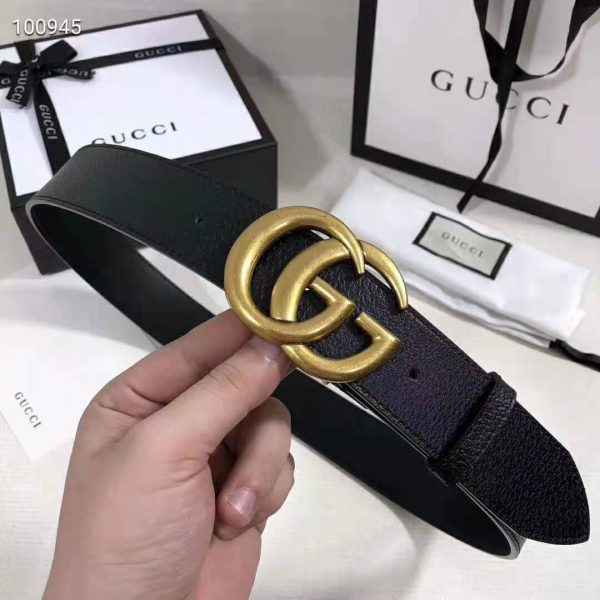 Gucci Unisex Wide Leather Belt with Double G Buckle 4 cm Width-Black (2)