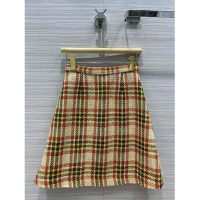 Gucci Women Check Wool Skirt with Horsebits Ivory Brown and Yellow Blend