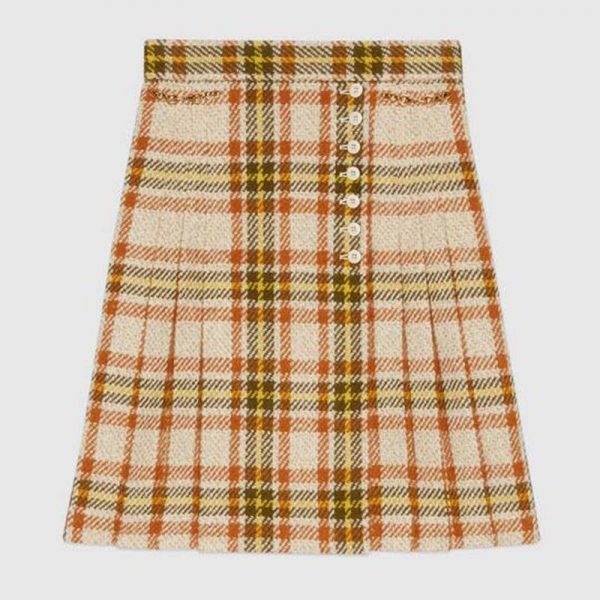 Gucci Women Check Wool Skirt with Horsebits Ivory Brown and Yellow Blend
