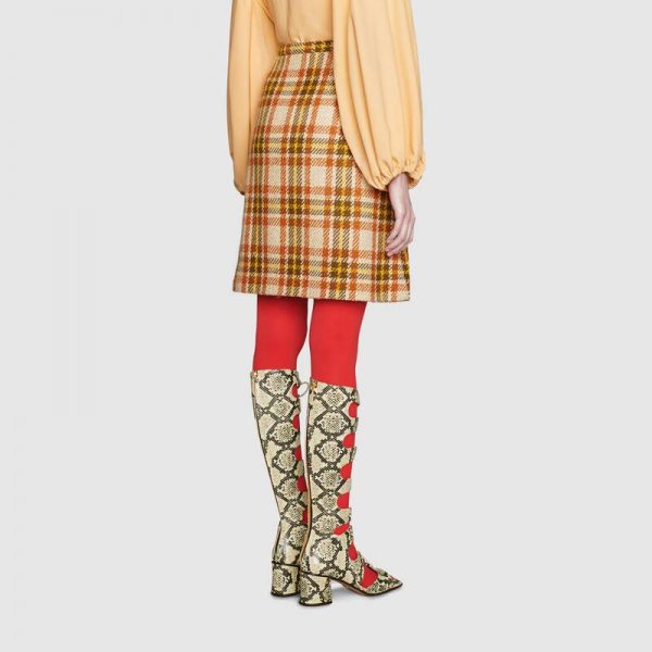Gucci Women Check Wool Skirt with Horsebits Ivory Brown and Yellow Blend (2)