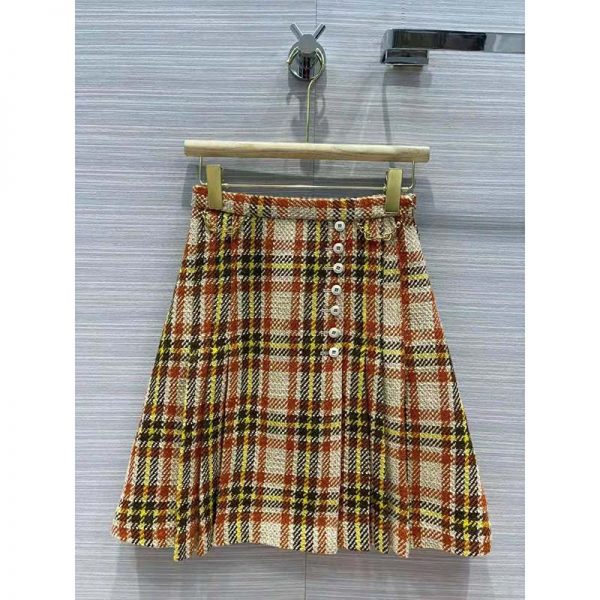 Gucci Women Check Wool Skirt with Horsebits Ivory Brown and Yellow Blend (6)