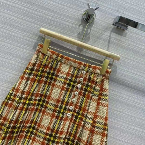 Gucci Women Check Wool Skirt with Horsebits Ivory Brown and Yellow Blend (7)