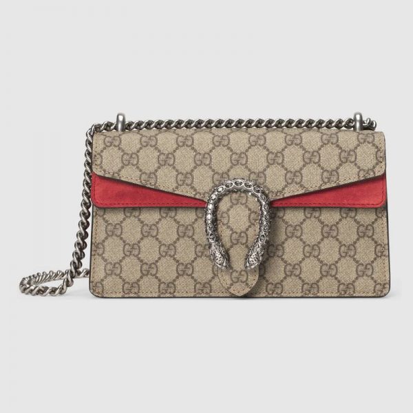 Gucci Women Dionysus Small Shoulder Bag GG Supreme Canvas Suede Tiger Head-Red