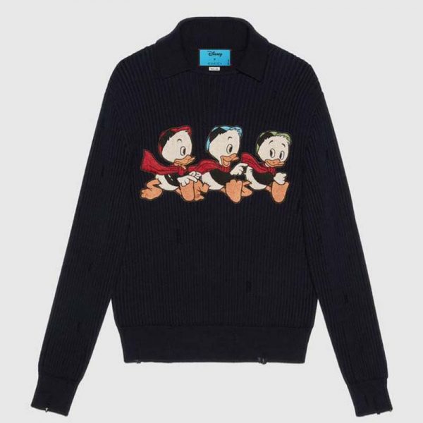 Gucci Women Disney x Gucci Donald Duck Cotton Wool Sweater Holes Crewneck Collar-Navy