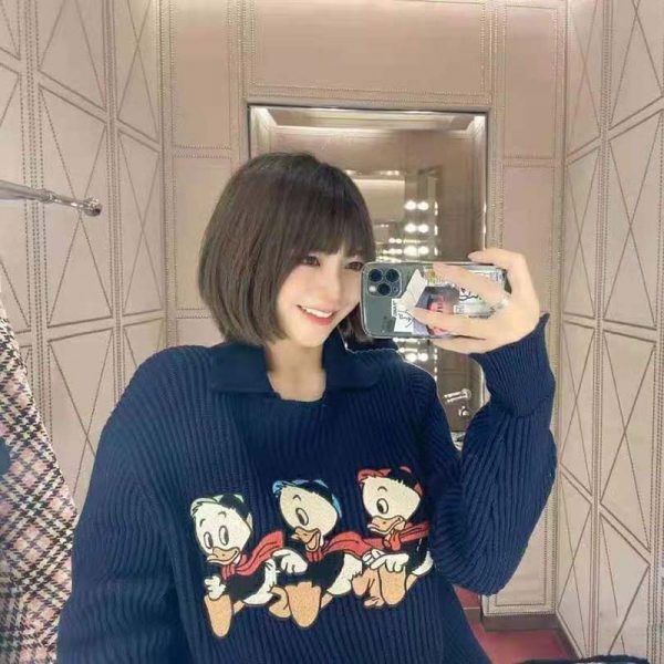 Gucci Women Disney x Gucci Donald Duck Cotton Wool Sweater Holes Crewneck Collar-Navy (3)