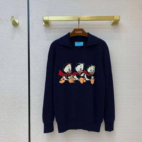 Gucci Women Disney x Gucci Donald Duck Cotton Wool Sweater Holes Crewneck Collar-Navy (5)