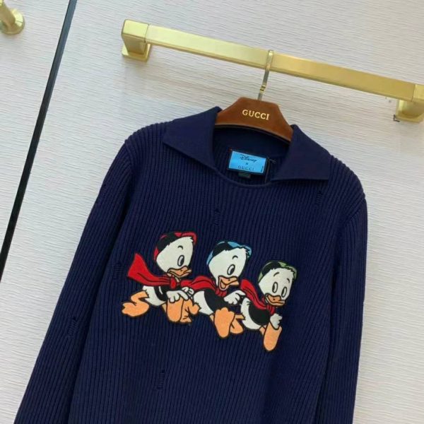 Gucci Women Disney x Gucci Donald Duck Cotton Wool Sweater Holes Crewneck Collar-Navy (6)