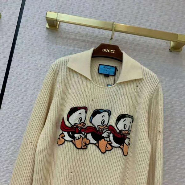 Gucci Women Disney x Gucci Donald Duck Cotton Wool Sweater Holes Crewneck Collar-White (10)