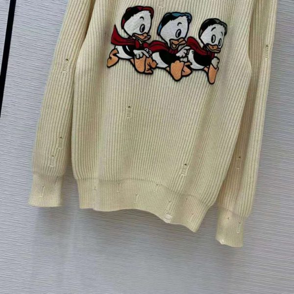 Gucci Women Disney x Gucci Donald Duck Cotton Wool Sweater Holes Crewneck Collar-White (3)