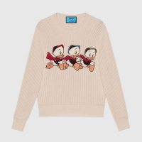 Gucci Women Disney x Gucci Donald Duck Cotton Wool Sweater Holes Crewneck Collar-White