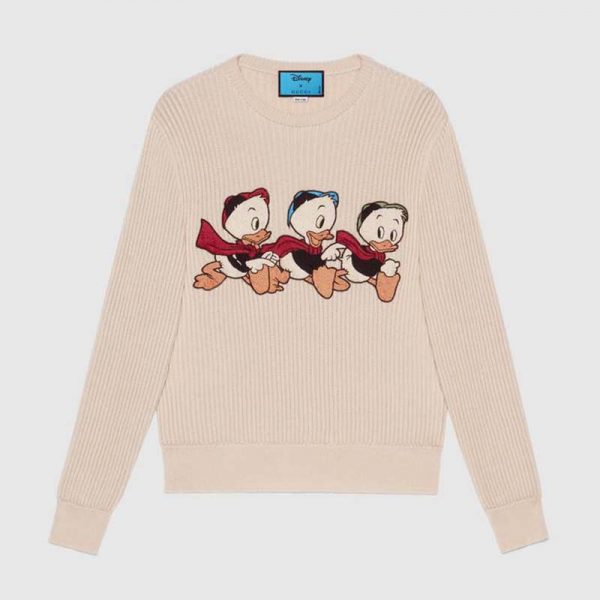 Gucci Women Disney x Gucci Donald Duck Cotton Wool Sweater Holes Crewneck Collar-White