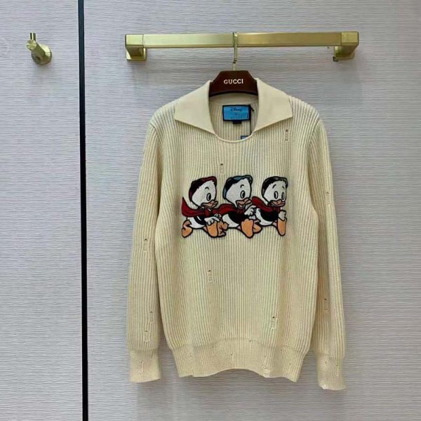 Gucci Women Disney x Gucci Donald Duck Cotton Wool Sweater Holes Crewneck Collar-White (9)