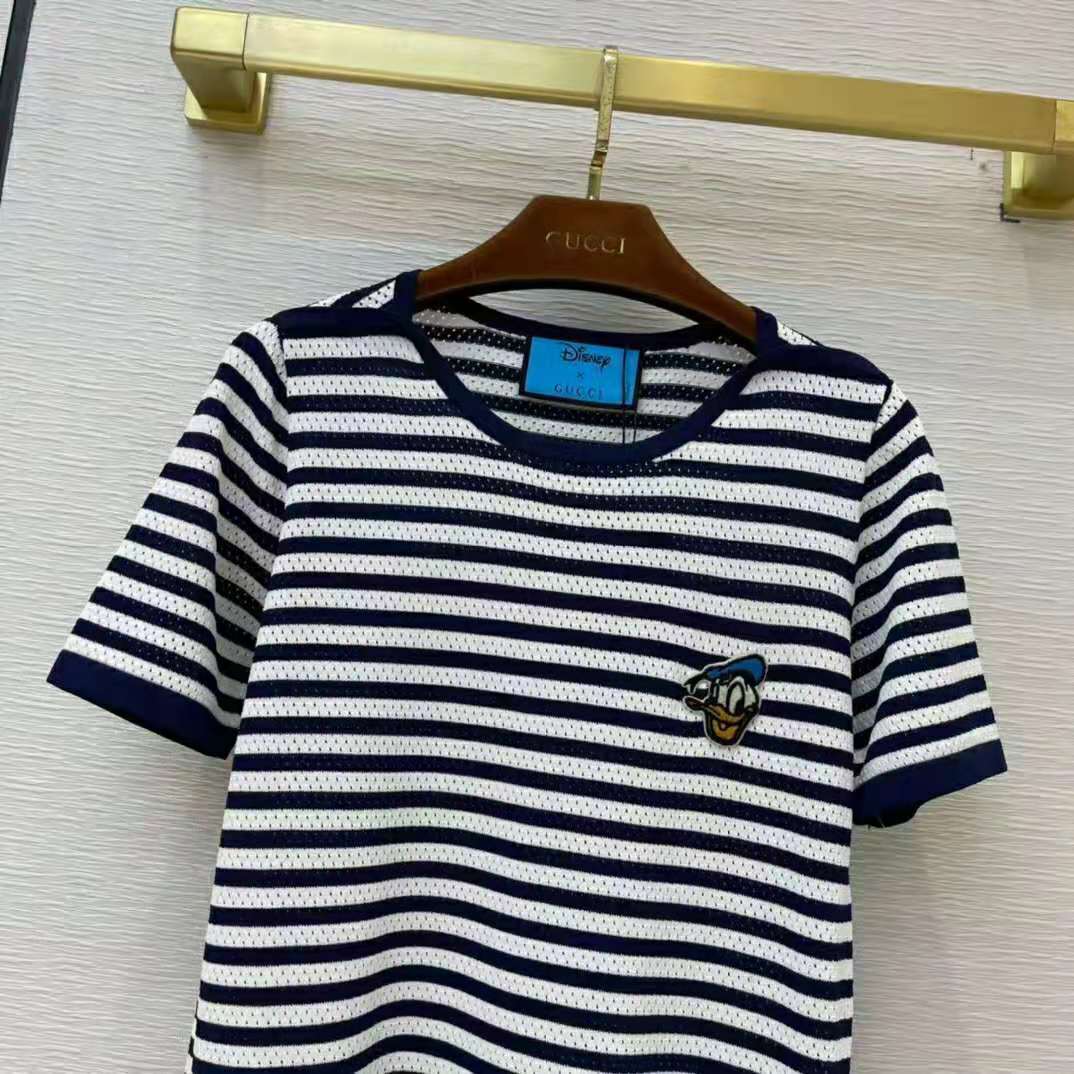Gucci Donald Duck Patch Striped Cotton T-shirt In Blue,white