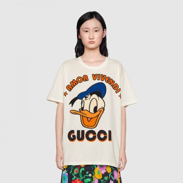 Gucci Women Disney x Gucci Donald Duck T-Shirt Cotton Jersey Crewneck Oversize Fit-White (15)