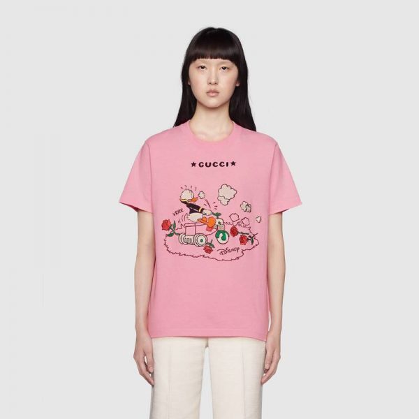 Gucci Women Disney x Gucci Donald Duck T-Shirt Cotton Jersey Crewneck Short Sleeves-Pink (14)