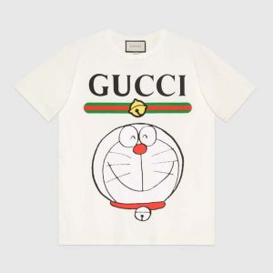 Gucci Women Doraemon x Gucci Cotton T-shirt Ivory Jersey Crewneck Oversize Fit