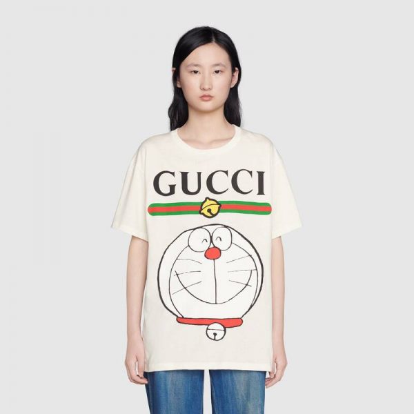 Gucci Women Doraemon x Gucci Cotton T-shirt Ivory Jersey Crewneck 