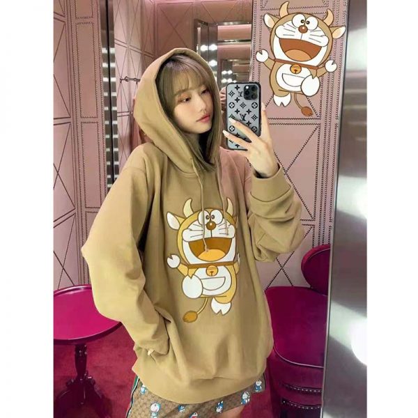 Gucci Women Doraemon x Gucci Hooded Sweatshirt Cotton Jersey Oversized Fit-Brown (6)