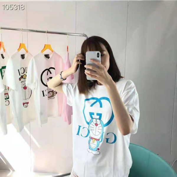 Gucci Women Doraemon x Gucci Oversize T-Shirt Ivory Cotton Jersey Crewneck-Blue (10)