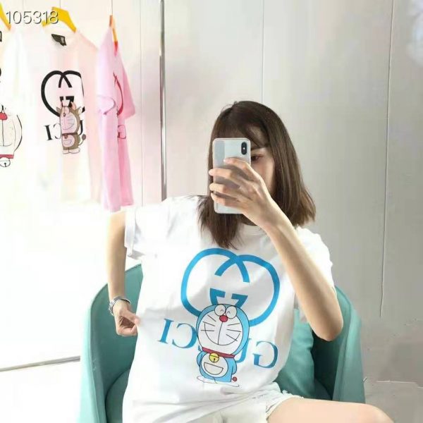 Gucci Women Doraemon x Gucci Oversize T-Shirt Ivory Cotton Jersey Crewneck-Blue (12)