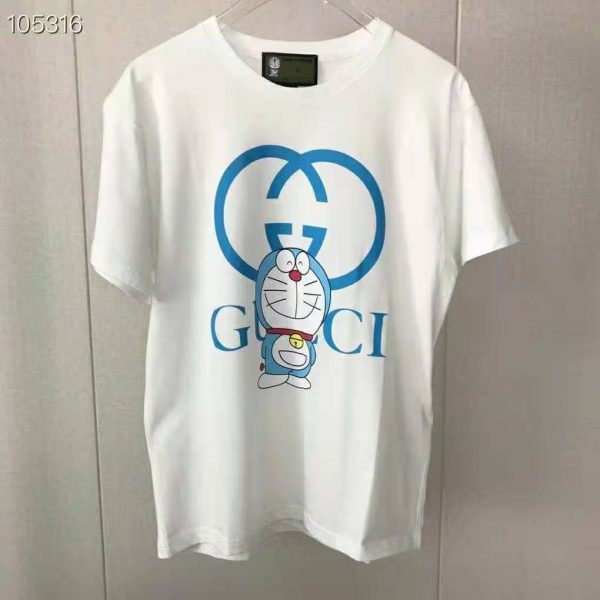 Gucci Women Doraemon x Gucci Oversize T-Shirt Ivory Cotton Jersey Crewneck-Blue (2)
