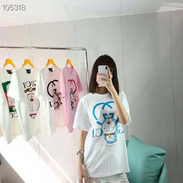 Gucci Women Doraemon x Gucci Oversize T-Shirt Ivory Cotton Jersey Crewneck-Blue (5)