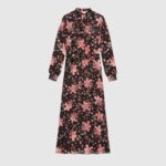 Gucci Women Floral Print Viscose Dress Black Viscose with Pink Floral Print
