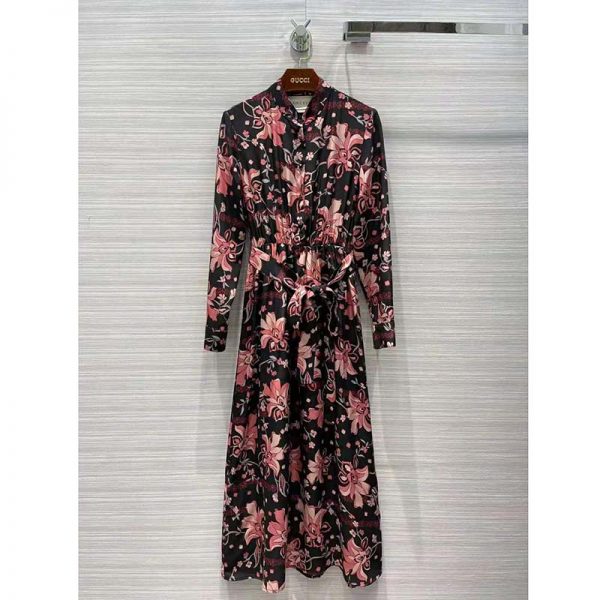 Gucci Women Floral Print Viscose Dress Black Viscose with Pink Floral Print (4)