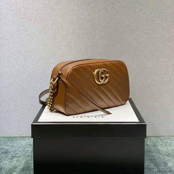 Gucci Women GG Marmont Small Matelassé Shoulder Bag Double G Brown Matelassé Leather (10)