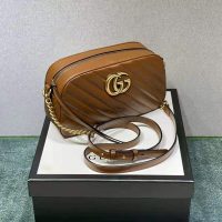 Gucci Women GG Marmont Small Matelassé Shoulder Bag Double G Brown Matelassé Leather