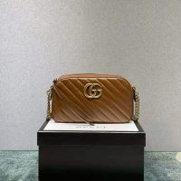 Gucci Women GG Marmont Small Matelassé Shoulder Bag Double G Brown Matelassé Leather