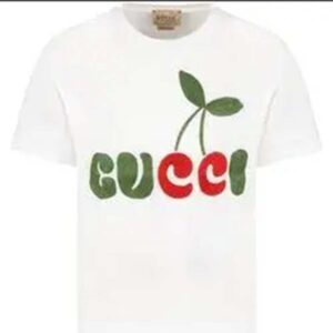 Gucci Women Gucci Cherry Print Cotton T-Shirt Jersey Crewneck Cropped Fit-White