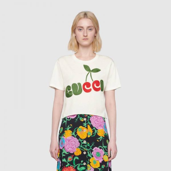 Gucci Women Gucci Cherry Print Cotton T-Shirt Jersey Crewneck Cropped Fit-White (14)