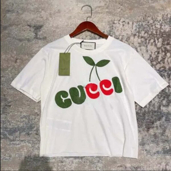 Gucci Women Gucci Cherry Print Cotton T-Shirt Jersey Crewneck Cropped Fit-White (3)