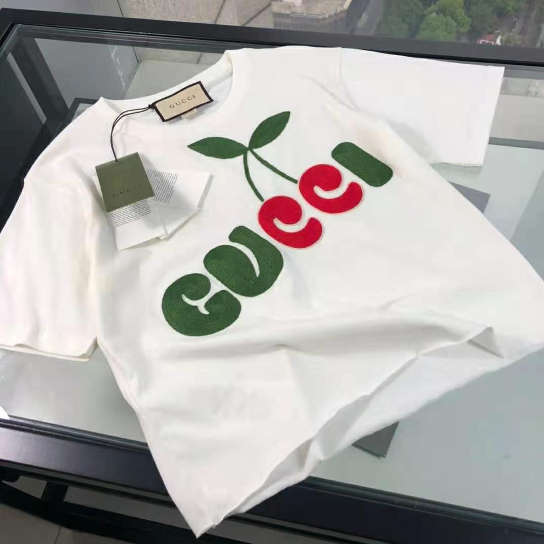 Gucci Women Gucci Cherry Print Cotton T Shirt Jersey Crewneck Cropped Fit White Lulux 