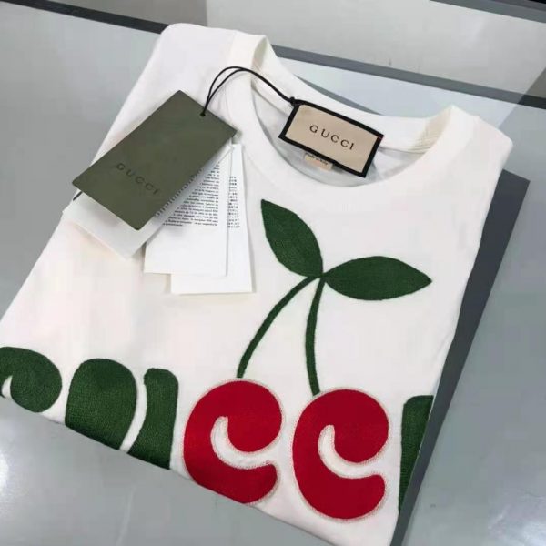 Gucci Women Gucci Cherry Print Cotton T-Shirt Jersey Crewneck Cropped Fit-White (4)