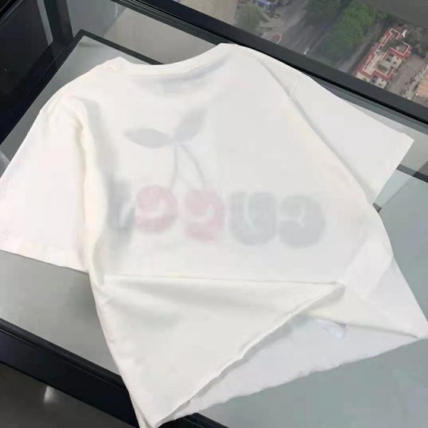 Gucci Women Gucci Cherry Print Cotton T-Shirt Jersey Crewneck Cropped Fit-White (5)